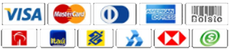 Formas de pagamento: Visa, Mastercard, Diners, American Express, Boleto e transferência bancária